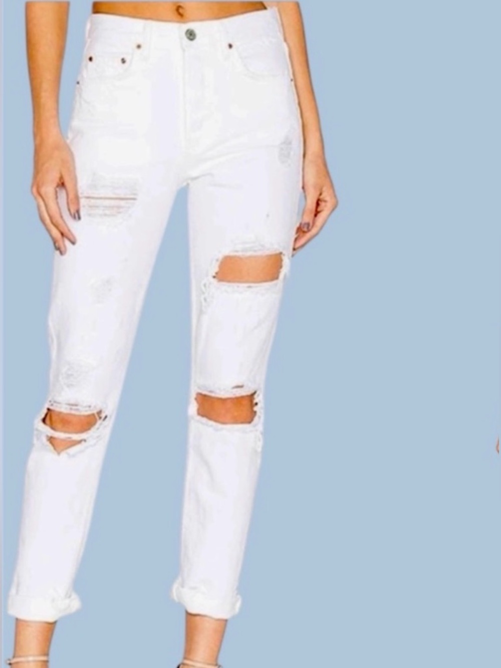 GRLFRND Karolina Distressed White Denim Jeans Button Fly • NWT